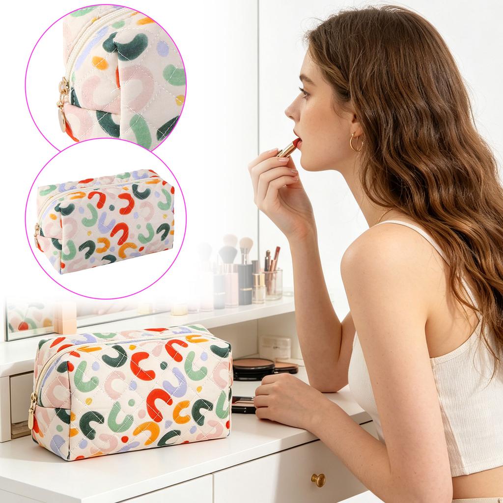 Quilted Cosmetic Bag with Floral Print Large Capacity Makeup Organizer Travel Toiletry Storage Pouch for Women