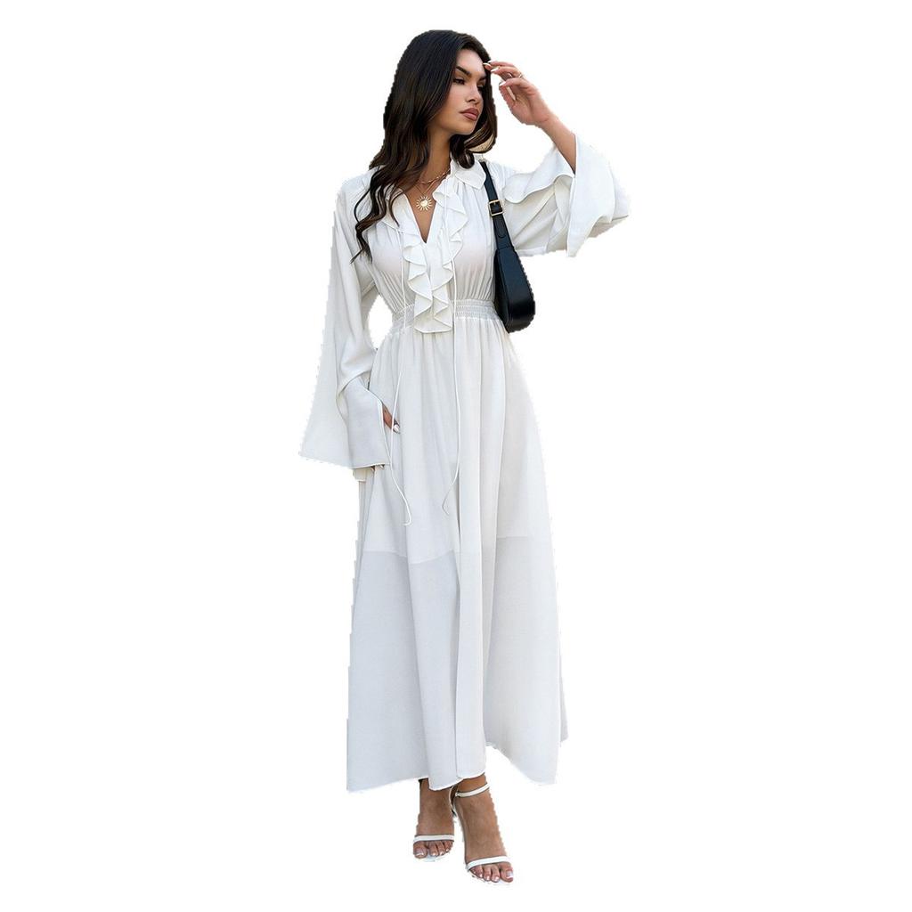 Cross-border European and American elegant style simple high-waisted V-neck long-sleeved dress women's clothing spring and summer independent