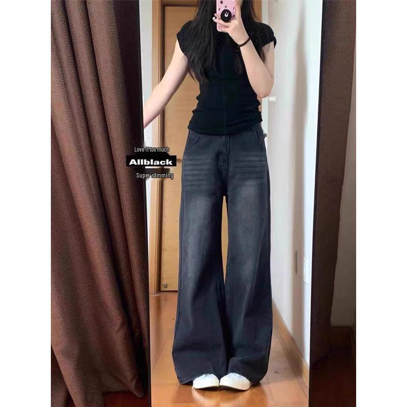 Damen Übergröße Schwarze High Waist Jeans mit weitem Bein für Frühling/Herbst