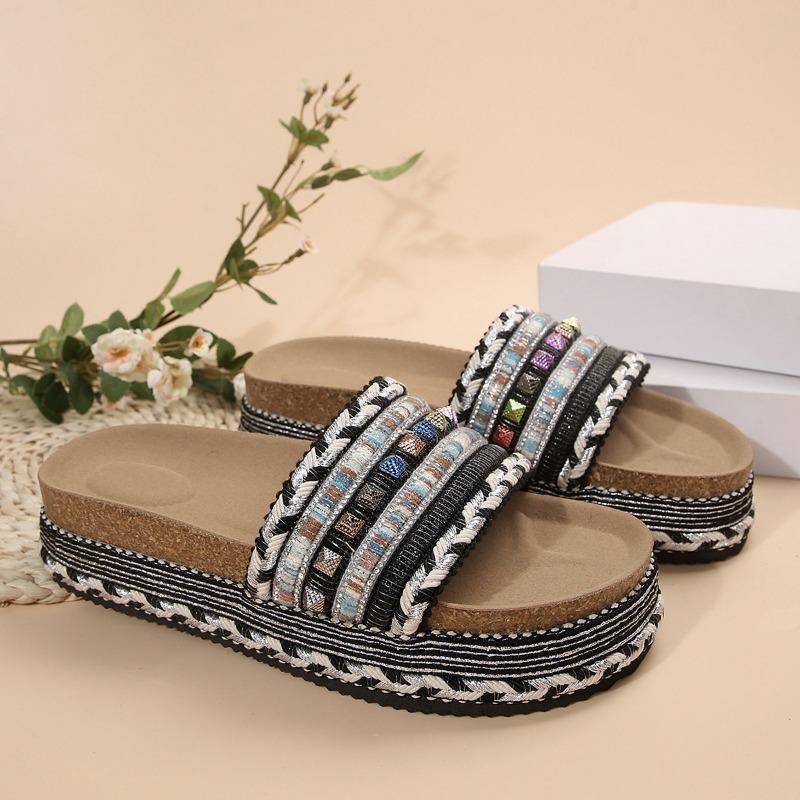 Fashion thick-soled slippers women's rivets hemp rope large size rhinestone beach slippers