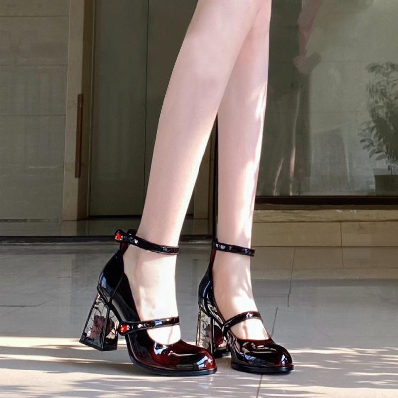 Large size rose thick heel high heels French Mary Jane shoes retro single shoes women's spring and autumn shoes