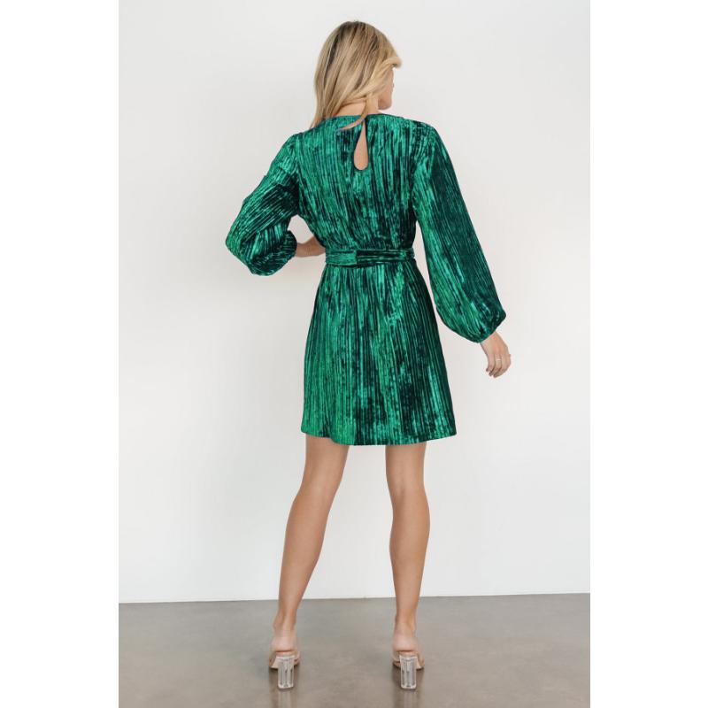 Crushed Velvet Long Sleeve Mini Dress Round Neck Tie Waist Loose Fit Pleated Short Dress for Fall Winter Office Party Casual Evening