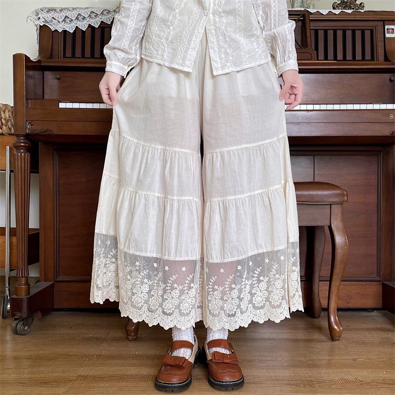 Damen Japanese Style Baumwolle Leinen Spitze Patchwork Weitbeinige Hosen