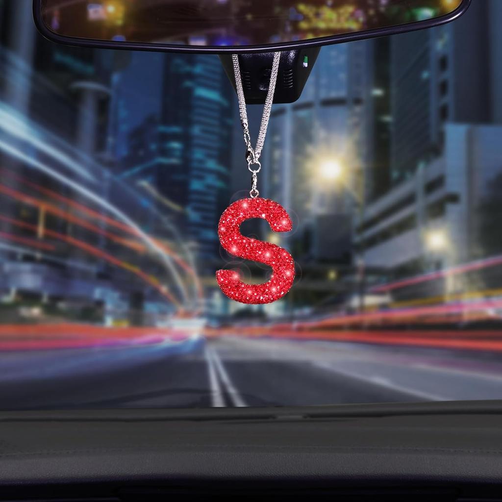 Bling Hanging Car Accessories, Diamond Crystal Rhinestone Mirror Hanging Letter A Pendant, Cute Lucky Red Bling Car Ornament for Women (Red,A)