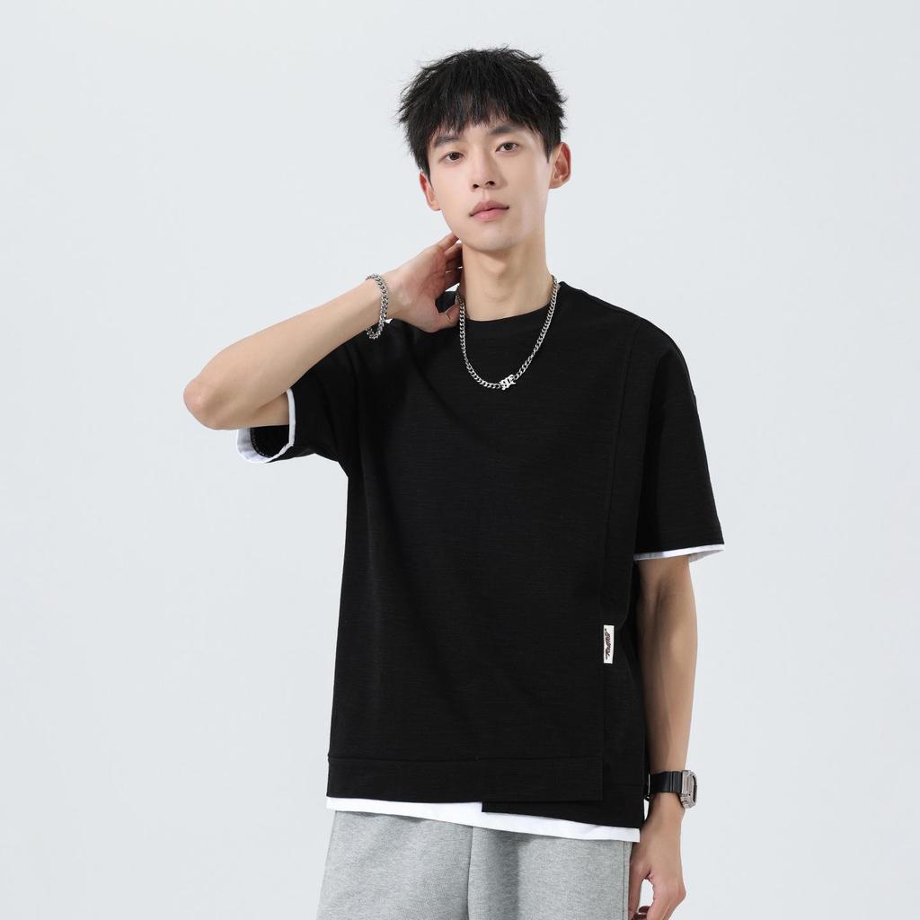 Men's Summer Two-Piece Loose Bamboo Pattern Heavyweight T-Shirt