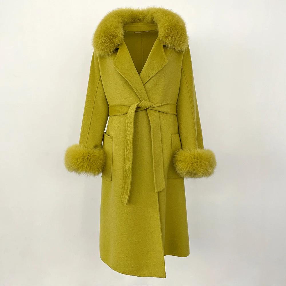 Woman Trend 2024 Autumn Winter 100% Double-sided Wool Coat Ladies Real Fox Fur Collar Detachable Long Coat