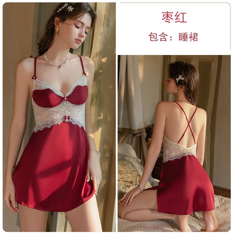 Women's Satin Lace Sheer Low Cut Push Up Padded Sleep Dress with Robe Lounge Set