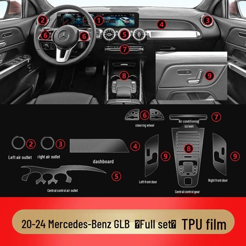 Compatible Interior Films for 25 Mercedes-Benz GLA/GLB Models: Navigation Screen, Gear Shift, and AC Stickers in HD TPU.
