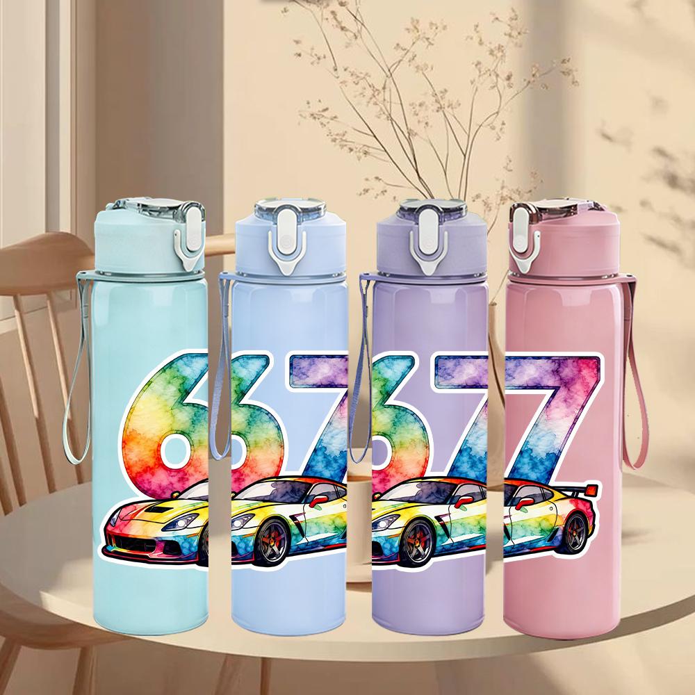 1PC Gradient Number Sixty Seven Vehicle 750ml Color Plastic Water Bottle Leakproof Flip Straw Lid For Sports Office Home Use