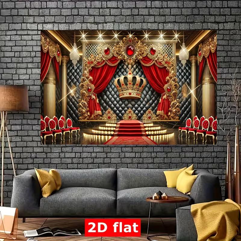 2D Palace King Crown Backdrop Red Curtain Gold Column Royal Photography Background