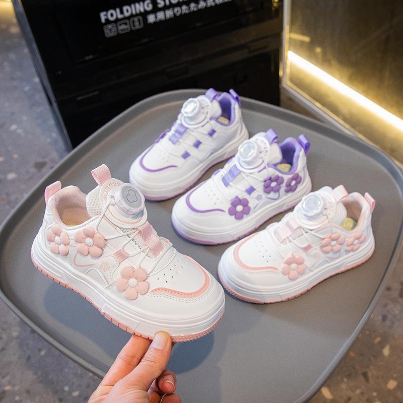 Mädchen-Sneaker 2025 Frühling neu drehbarer Knopf lässige Mädchen-Board-Schuhe Mode Blume Kinder-weiße Schuhe