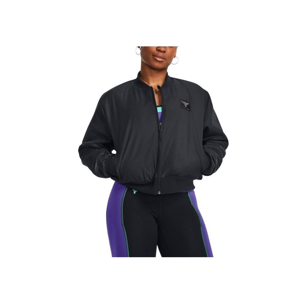 Under Armour Johnson Series Letter Logo Printed Training Flight Jacket Women Jackets Black 1382177-001