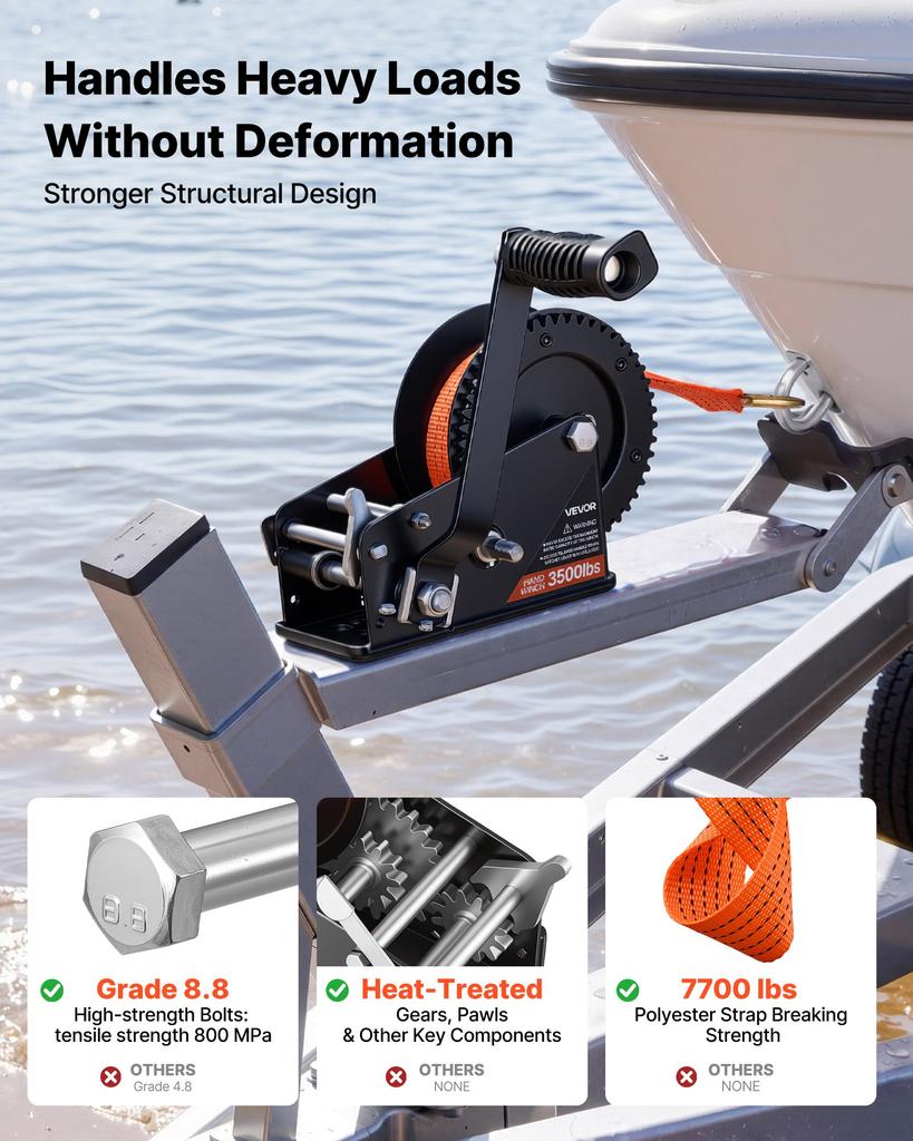 VEVOR Boat Winch, 1588 kg Hand Winch, Heavy Duty Manual Rope Crank with 6.1m Orange Polyester Strap, Portable Two-Way Ratchet, 2 Speed Switchable