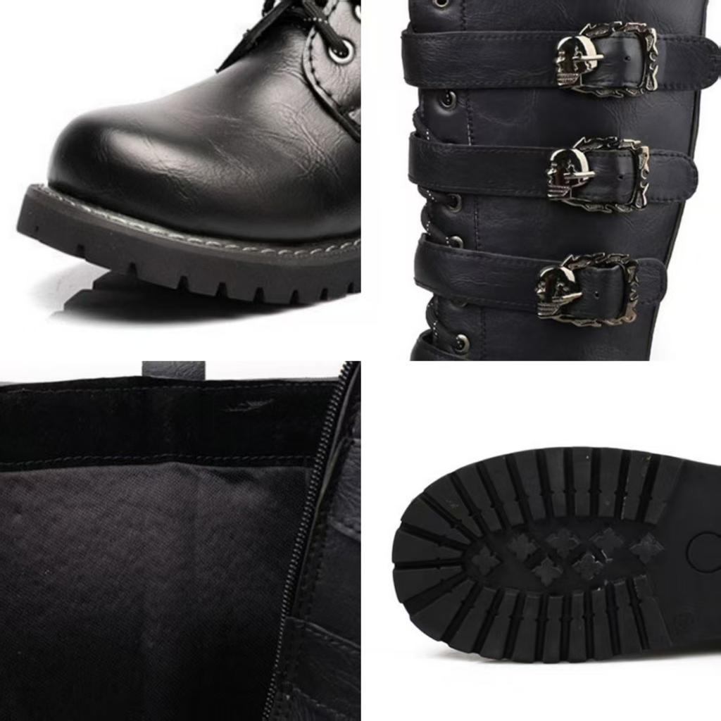 Herren Leder Motorradstiefel Wadenhohe Stiefel Gotische Gürtel Rock Punk Schuhe Outdoor Schwarzer Freizeitstiefel Winter Große Größe Herren Stiefel