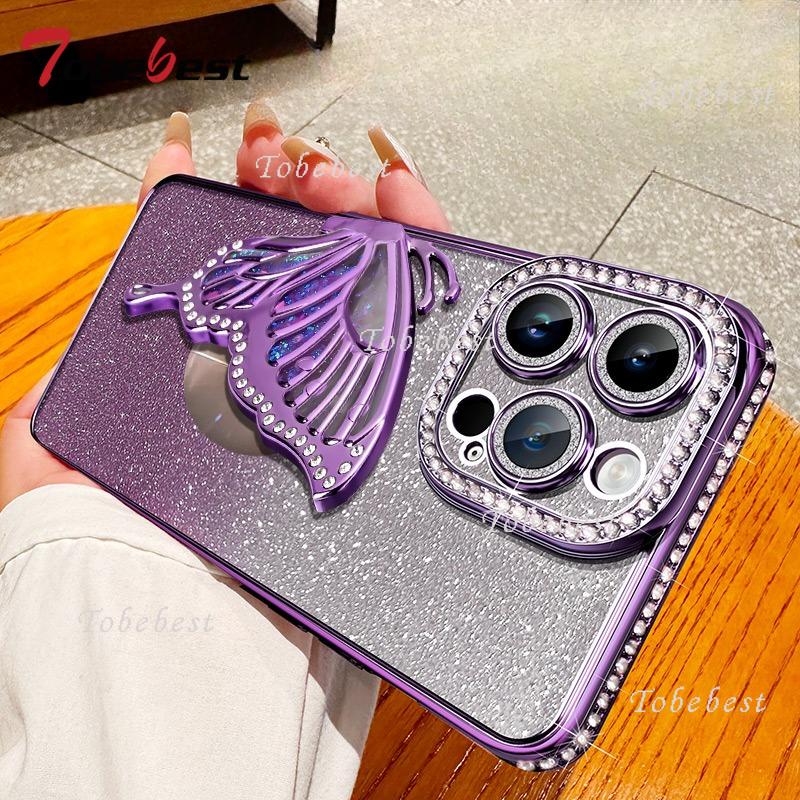 Diamond Glitter Magsafe Phone Case For iPhone 16 16E 11 14 13 12 15 Pro Max Butterfly Magnetic Holder Stand Soft Cover