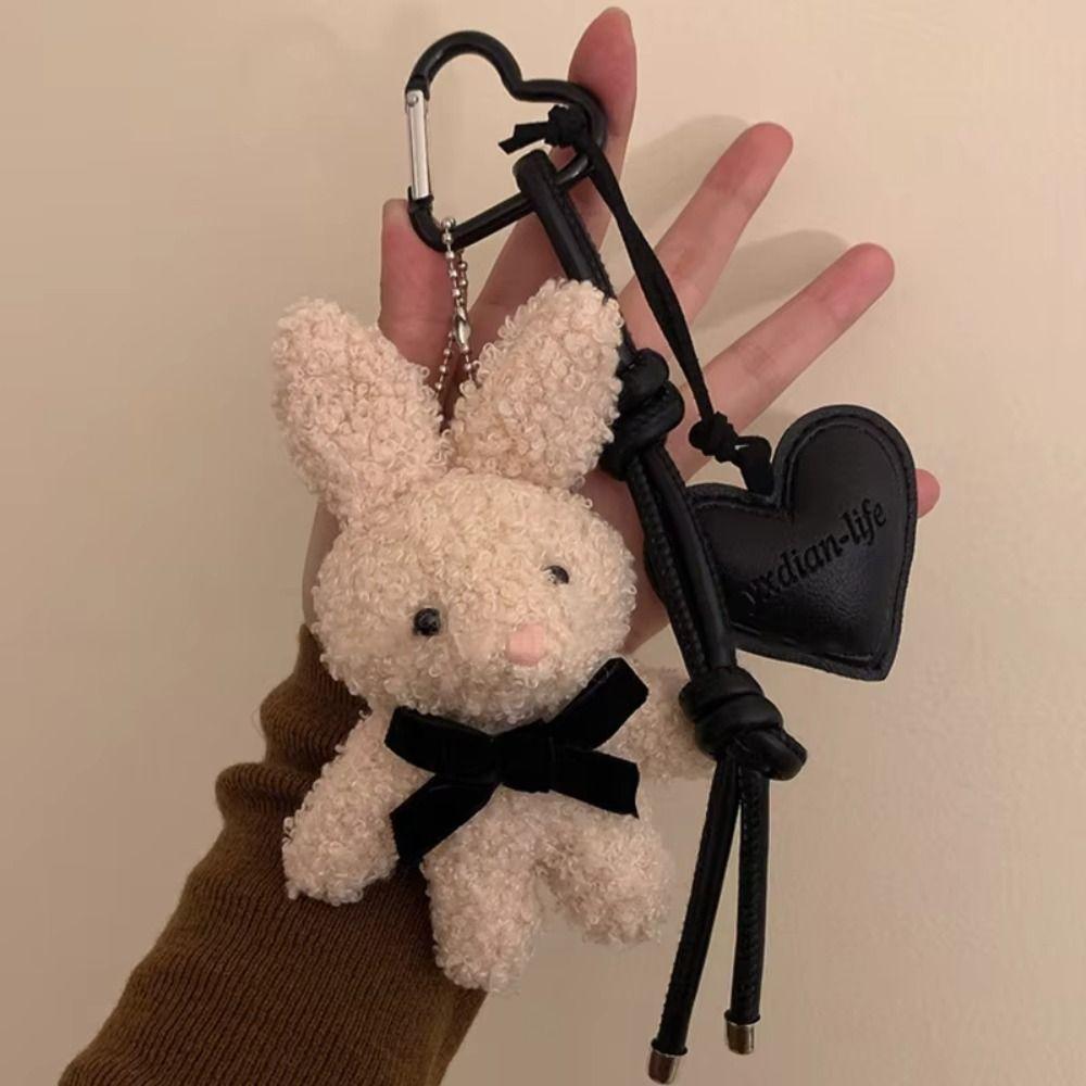Cartoon Bunny Bow Key Chain Soft Plush Rabbit Doll Pendant Leather Heart Keyring Hanging Ornaments