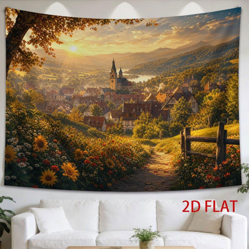 1pc Horizontal Tapestry Wall Hanging - Autumn Valley Village Landscape with Church Spires & Winding Flower Path, Warm Golden Sunset Suitable for Decor