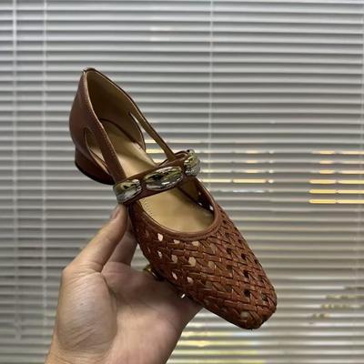 2025 Summer New Women's Cow Braided Microfiber Patchwork Mary Jane Round Low Heel Sweet Woven Single Shoes Sandal