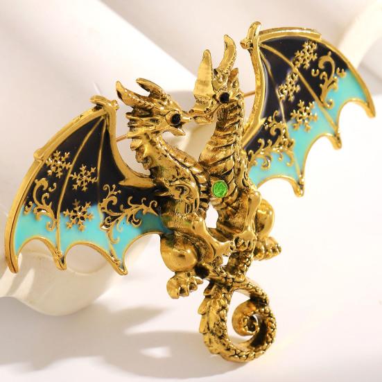 Yousheng Two-Headed Dragon Design Brooch, Gradient Enamel Electroplated Finish Safety Pin, Fade-Resistant Brooch for Suits Coats Bags