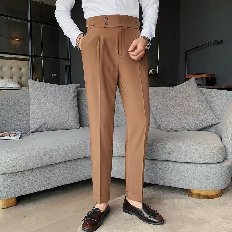 Men's Gray High-Waist Slim Fit Nine-Point Straight Trousers - 2024 Spring/Summer Business Casual.