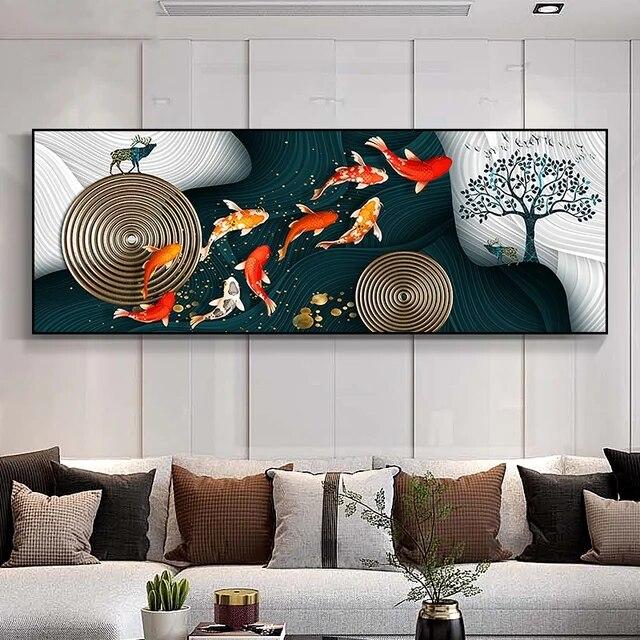 Chinese Style Koi Canvas Poster And Prints Nine Fish Illustration Feng Shui Carp Lotus Pond Wall ArtPainting For Decor No Frame