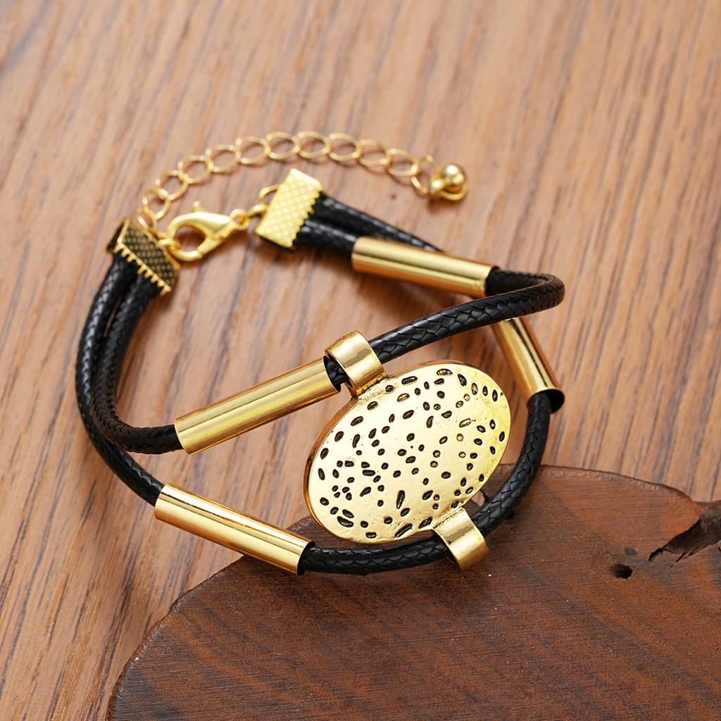 Vintage Oval Metall Kunstleder Halskette Armband Für Frauen Mode Gold Zinklegierung Farbe 2Stk/Set Doppellagige Kette Zirkon Sets