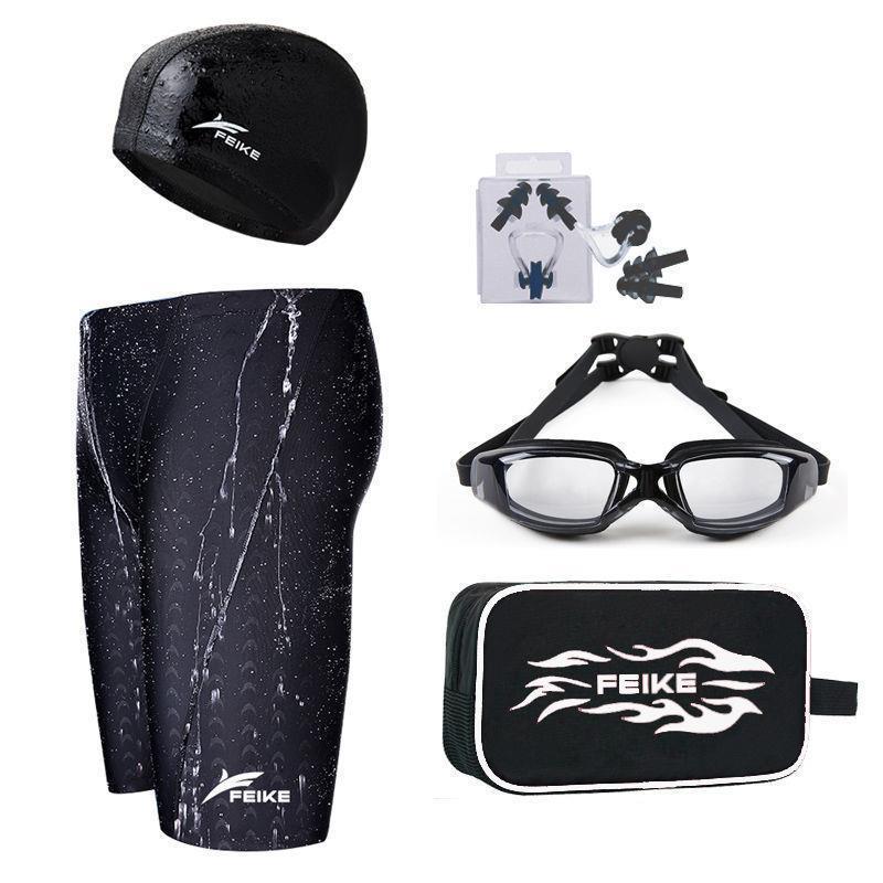 Men’s Quick-Drying Waterproof Swim Trunks with Shark Skin Cap & Goggles Set
