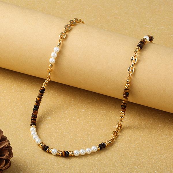 Tiger Eye & Pearl Clavicle Necklace - Luxurious, Versatile, Vintage Pendant for Summer