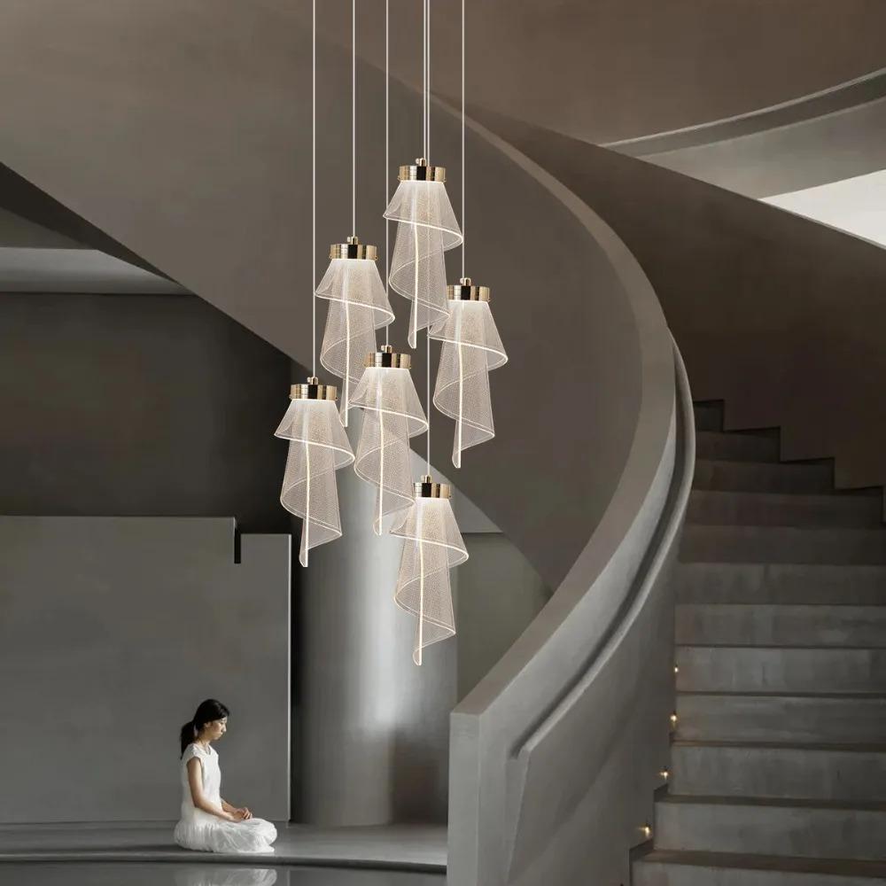 Modern Creative LED Chandelier Lighting Duplex Rotating Staircase Light Guide Hanging Living Room Luxury Chandelier