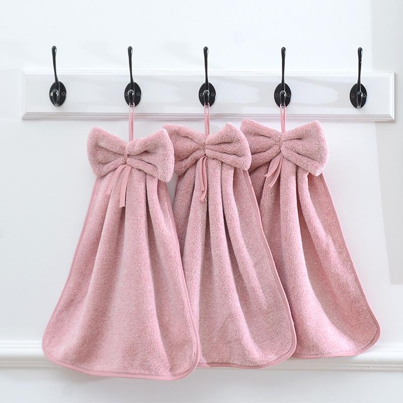 Coral Fleece Bow Hand Towel - Soft, Absorbent, Lint-Free, Hangable Cloth 