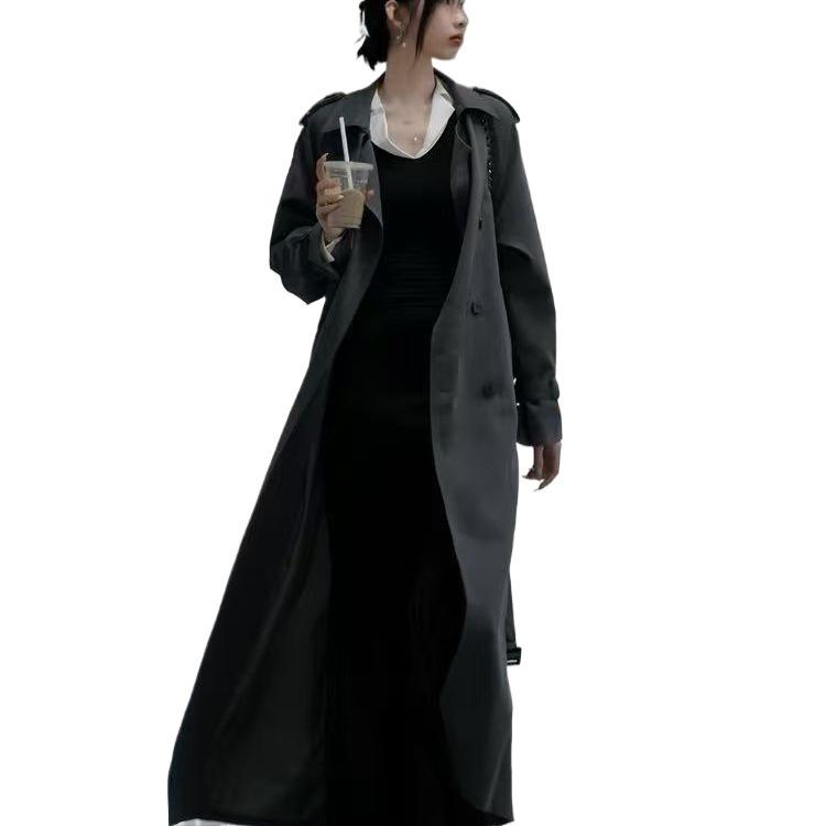 Women's Extra Long Grey Trench Coat, Spring/Autumn 2025, Ankle-Length Casual Outerwear