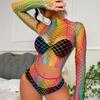 Fashion Rainbow-colored Stripes Bodysuit Woman Sexy Lingerie Sheer Curve-Hugging Dress Colorful Fishnet Bodystocking Sexy Set