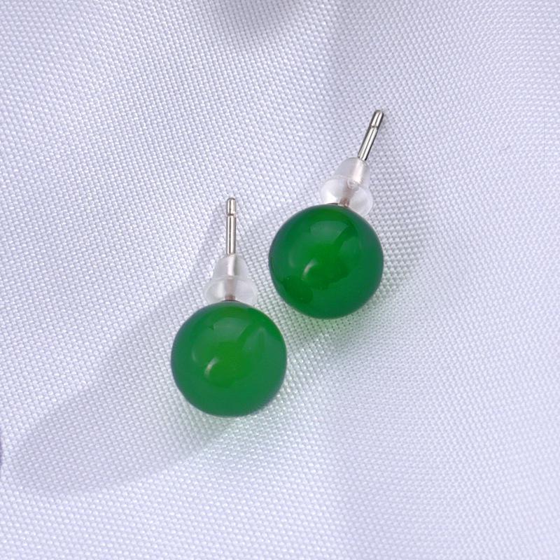 S925 Sterling Silver Green Agate Stud Earrings - Chinese Style, Versatile Retro Design with Natural Green Chalcedony 925 Silver