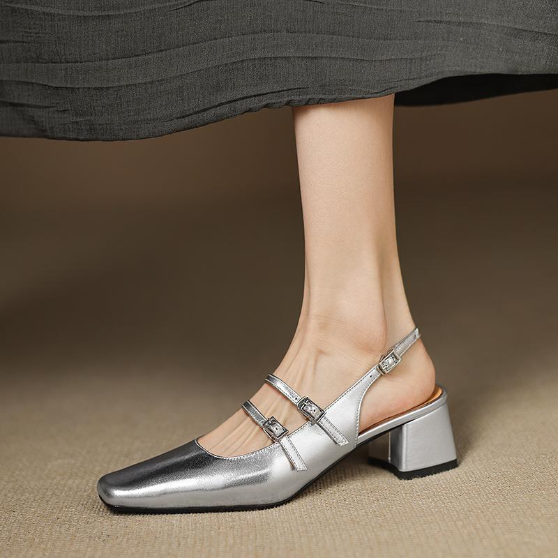 Fashion NEW Summer Women Sandals Genuine Leather Shoes Women Square Toe Chunky Heel Shoes Cover Toe Slingback Sandals Mary Janes Shoes
