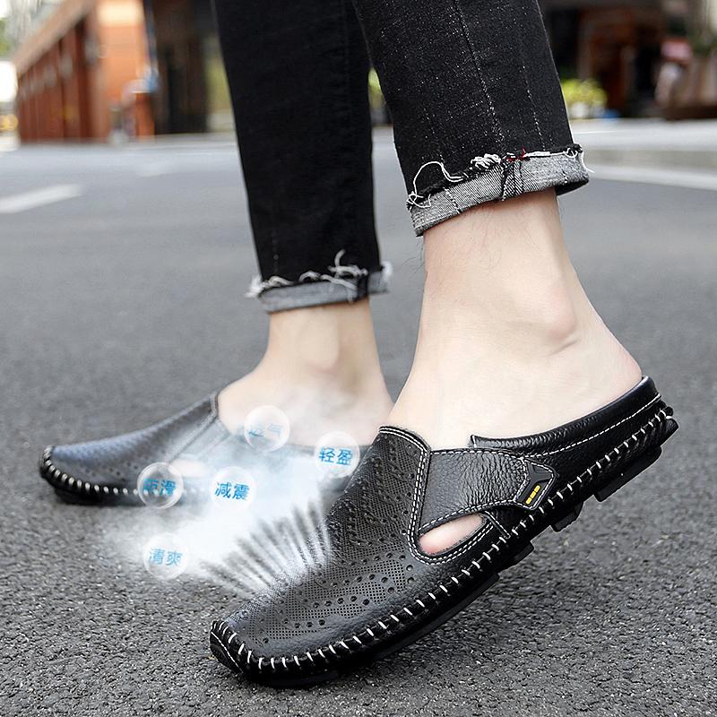 Large Plus Size 45 46 Semi-Drag Casual Shoes Mens Mules Summer Genuine Leather Slip On Half Shoes For Men Loafers Slippers Flats