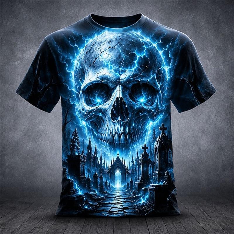 Halloween Men's Pumpkin Skull T-Shirt Short-Sleeve T-Shirt 3D-Printed Crew Neck Horror-Themed Men's Top Club Party Frenzy