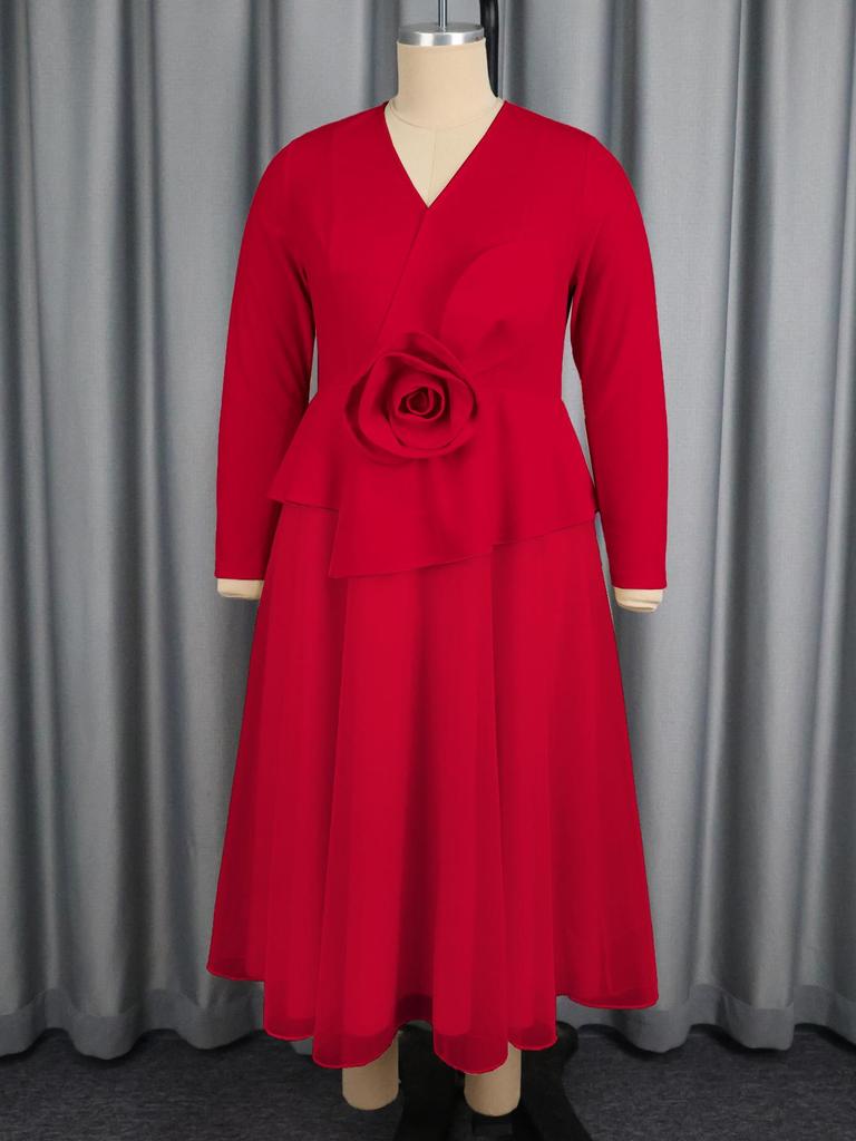 Plus Size Women's Elegant V-Neck 3D Floral Long Sleeve Ruffled Party Dress