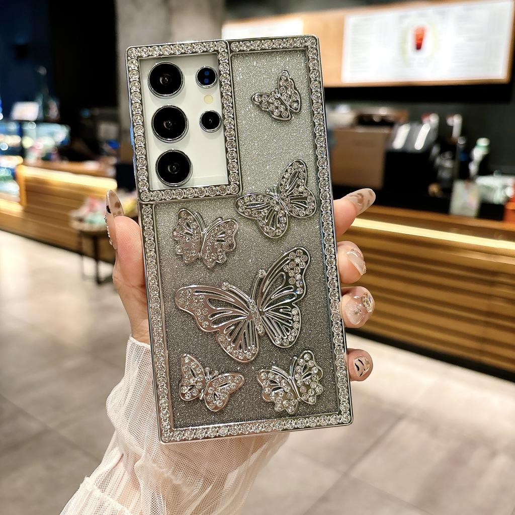 For Samsung Galaxy S25 Ultra Case Rhinestone Butterfly Decor Soft TPU Phone Cover