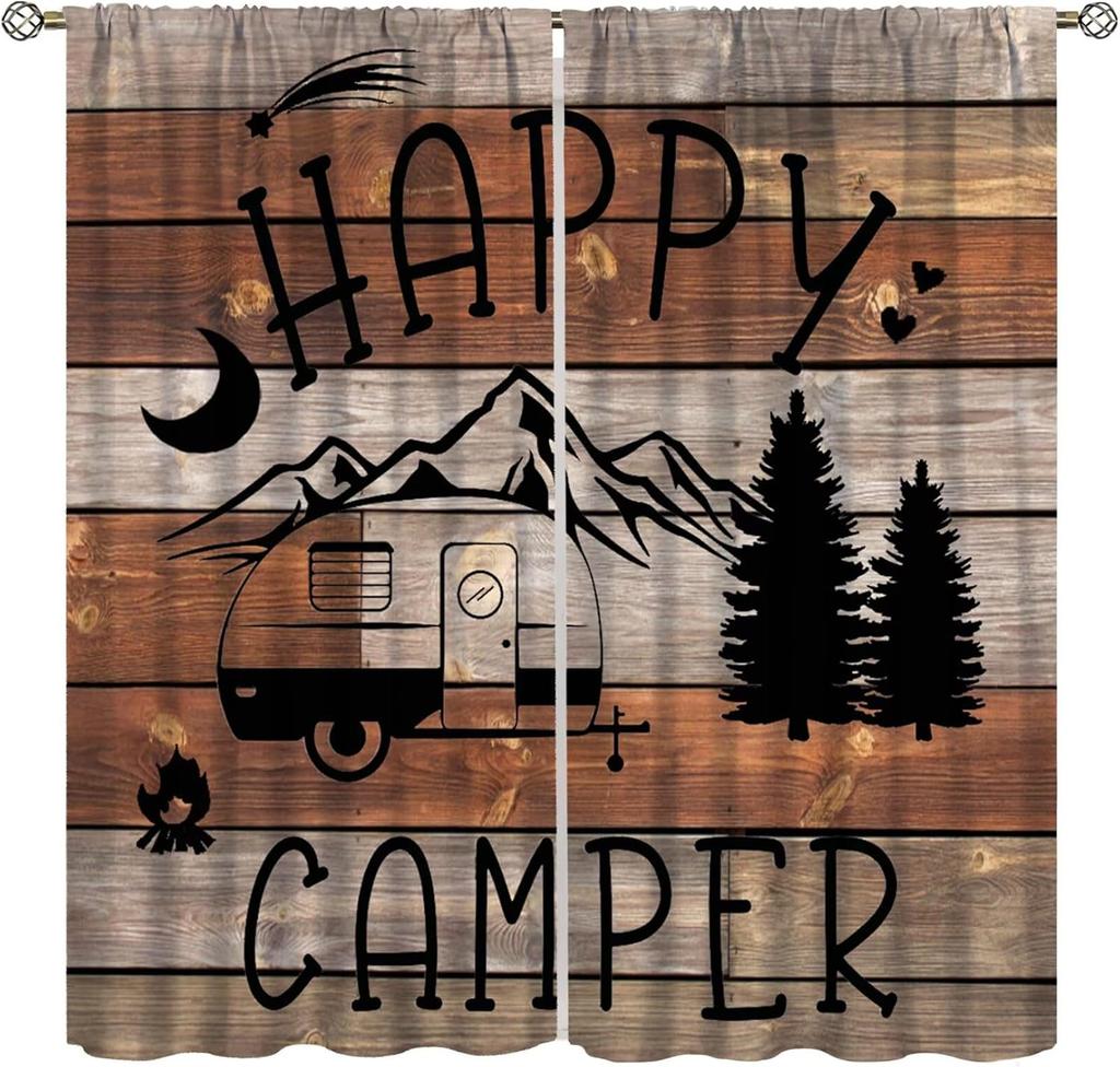 Retro Happy Camper Curta,Rustic Wood Plank Camping Travel Trailer Blackout Rod Pocket Window Curtain,For Boys Girls Living
