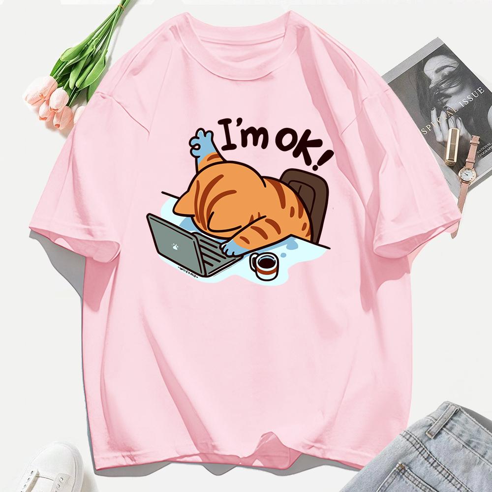 A Cat That Persists In Work Print Women T Shirts Casual Hip Hop Tees Tops Multicolor Cotton Sportswear Loose Short Sleeve Female
