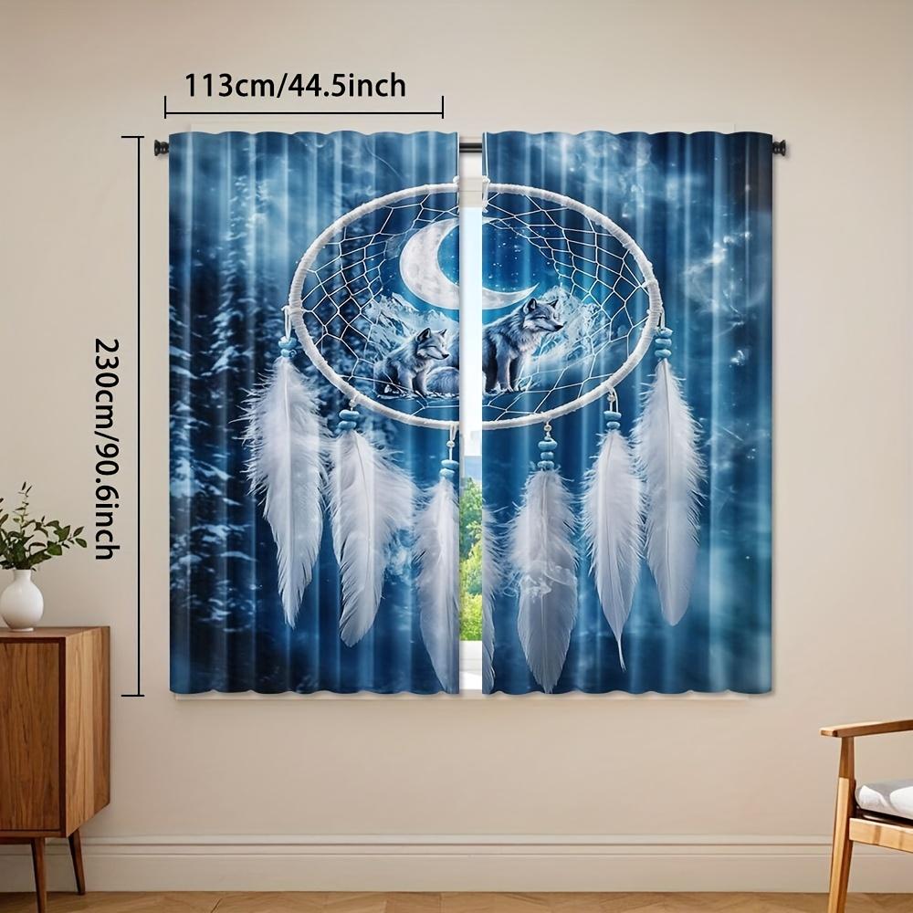 2pcs Bohemian Wolf & Snowy Mountain Dream Catcher Curtains - Digital Print   Polyester   Semi-Transparent   Machine Washable   Conte