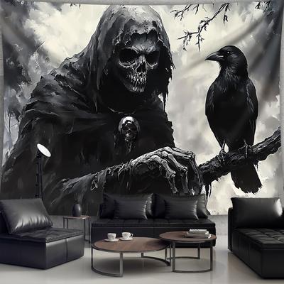 Sensenmann Wandbehang Gotischer Totenkopf und Krähe Rabe Wandkunst Wandteppich für Wohnzimmer Schlafzimmer Heimdekoration Stoffposter