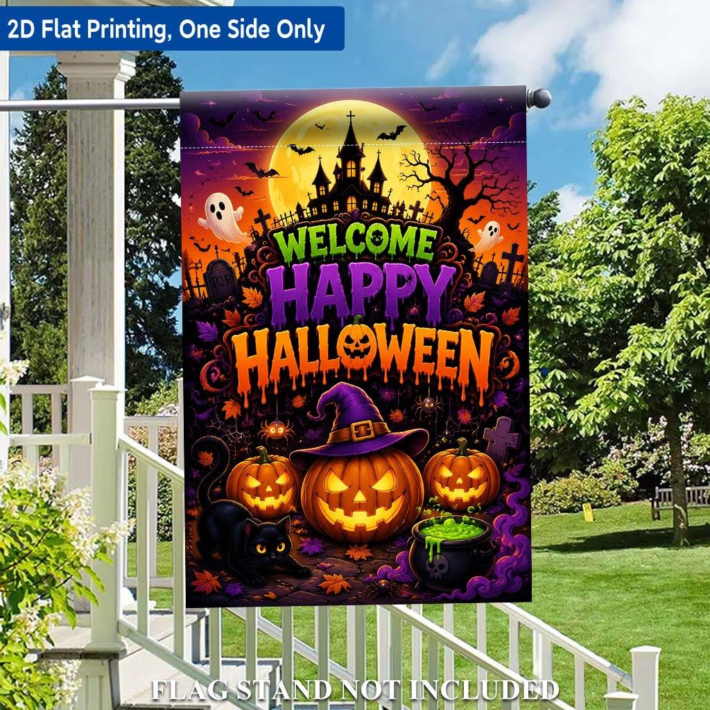 2D Flat - 2D Flat - 2D Flat Printing Garden Flag 1pc, Happy Halloween Scene Decor Single-Sided Printed Garden Flag, Perfect for Outdoor Use, Lawns, An
