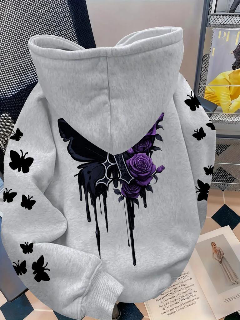 Women Gothic Hoodie Purple Rose Black Butterfly Drip Aesthetic Graphic Print Loose Fit Vintage Streetwear Pullover Sweatshirt