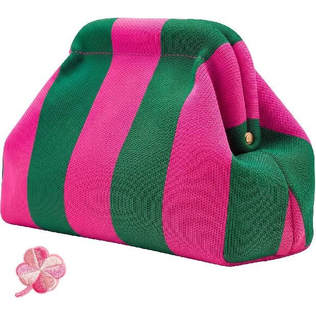 Woven Clutch Purses for Women, Summer Beach Crochet Striped Dumpling Bag Evening Handbag with Romantic Lucky Clover