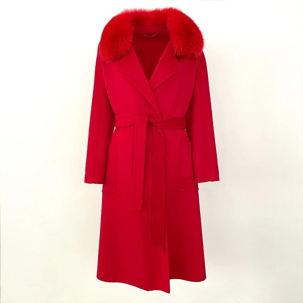 OFTBUY 2024 Autumn Winter Real Fox Fur Collar Water Ripple Double-Sided Woolen Coat Women Long Coat 100% Wool Removable Fur Collar