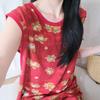 Casual national style red lotus print cotton and silk pajamas set summer thin sleeveless shorts loungewear two-piece set