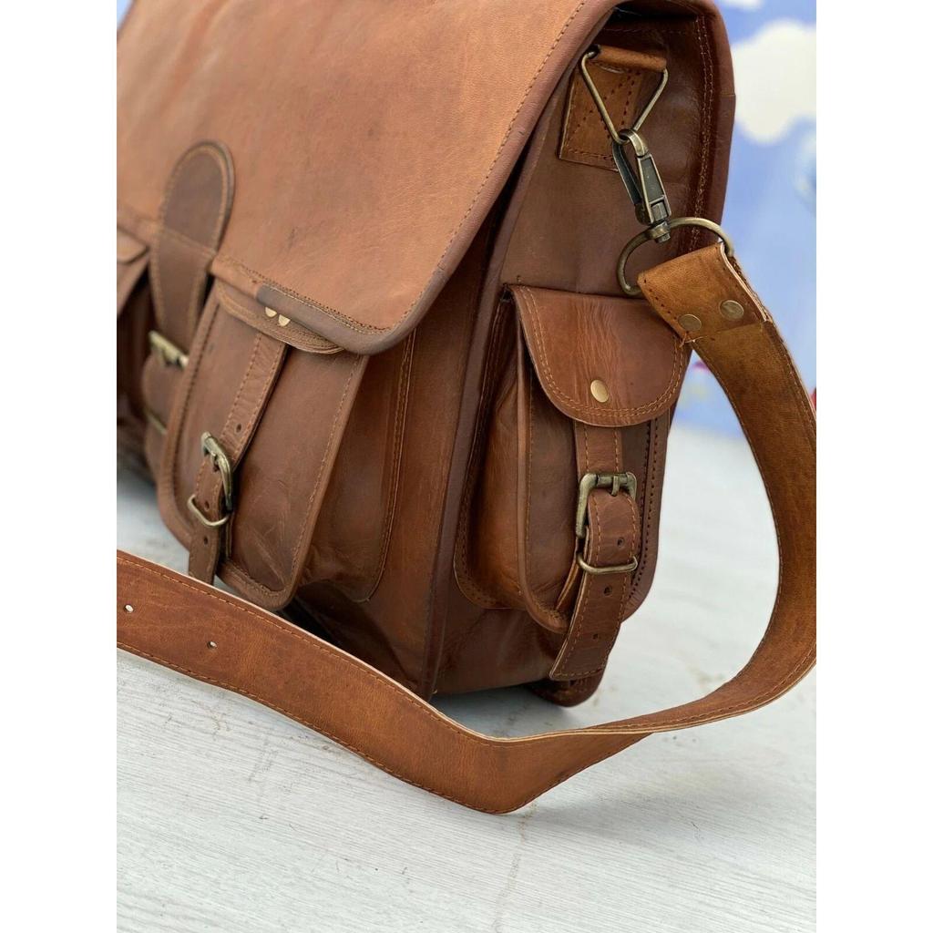 Men Genuine Brownish Leather Vintage Laptop Messenger Briefcase Bag Satchel