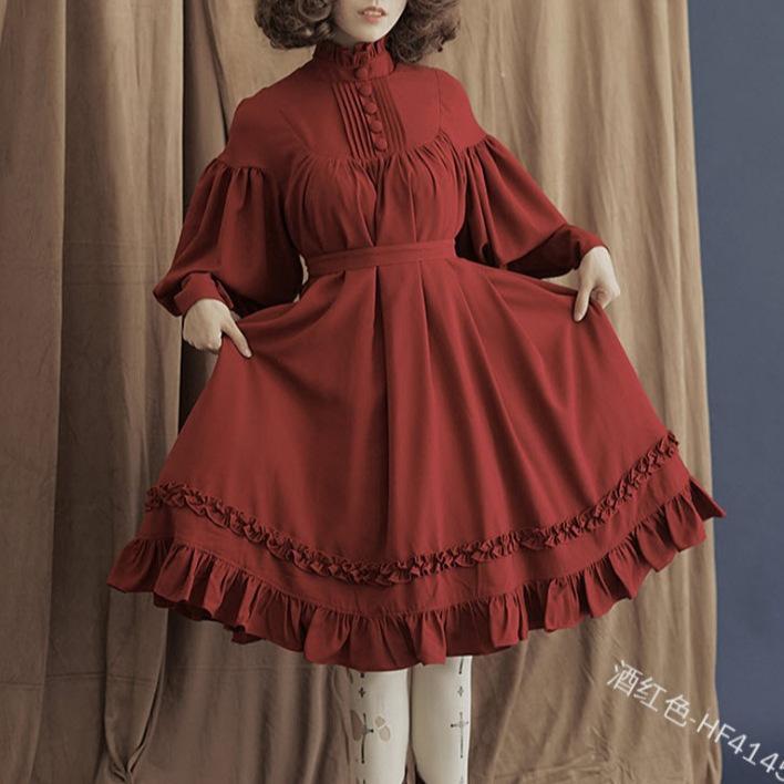Dívčí cosplay šaty s volnými knoflíky, stojáčkem, krajkovými zvonovými rukávy a ozdobou
