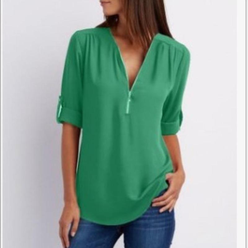 Camicia a maniche lunghe in chiffon con scollo a V e cerniera, taglie forti, da donna, con maniche regolabili